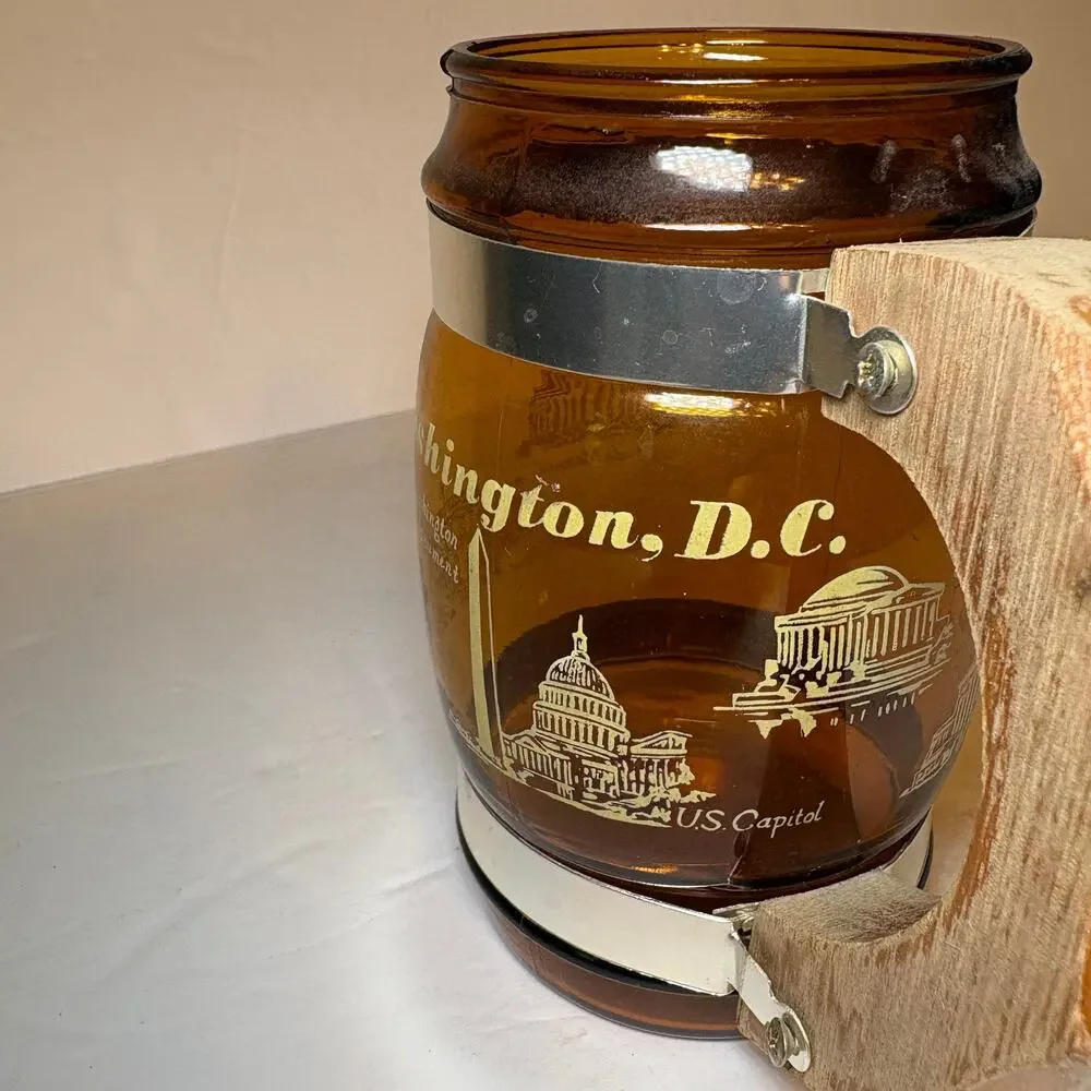 Vintage Washington D.C. Monuments Souvenir Brown Glass Barrel Mug Wood Handle